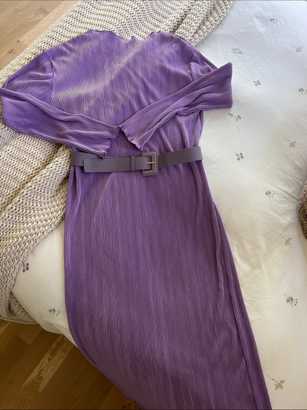 Purple Pleated Long Sleeve Midi Dress